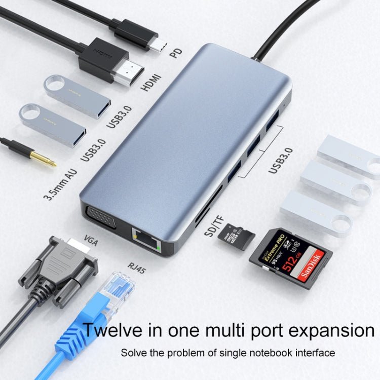 12 in 1 RJ45 + 100W PD + SD/TF + USB3.0x5+ HDMI + VGA + 3.5mm AUX to Type-C HUB Adapter - Eurekaonline