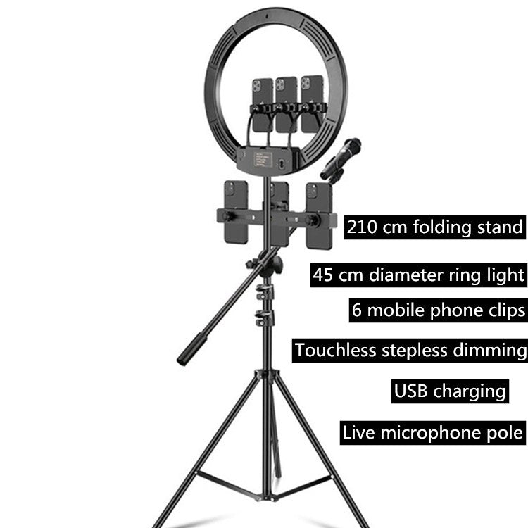 18 inch+6 Phone Clips+Microphone Pole Dimmable Color Temperature LED Ring Fill Light Live Broadcast Set With 2.1m Tripod Mount, CN Plug - Eurekaonline