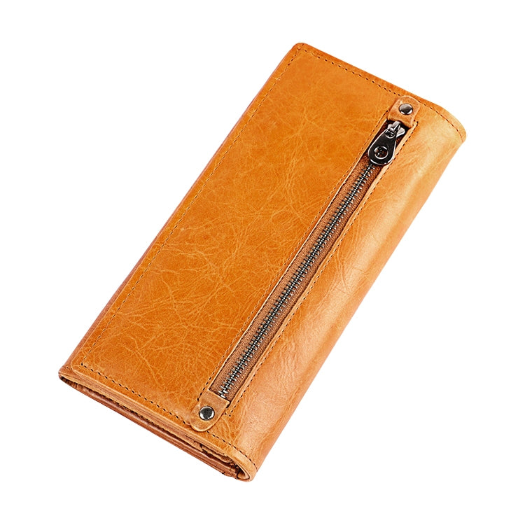 3559 Antimagnetic RFID Multi-function Zipper Retro Top-grain Leather Lady Purse Wallet (Yellowish-brown) Eurekaonline