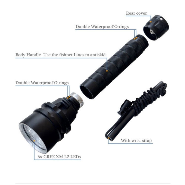 5 x CREE XM-L2 White Light Diving Flashlight, 6800 LM, Diving Depth: 150m (Black) Eurekaonline