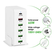 6 in 1 65W PD USB-C / Type-C + QC 3.0 USB + 4 USB Multi-port Travel Charger, AU Plug(White) Eurekaonline