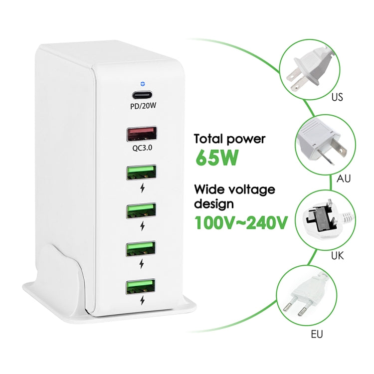 6 in 1 65W PD USB-C / Type-C + QC 3.0 USB + 4 USB Multi-port Travel Charger, UK Plug(White) Eurekaonline