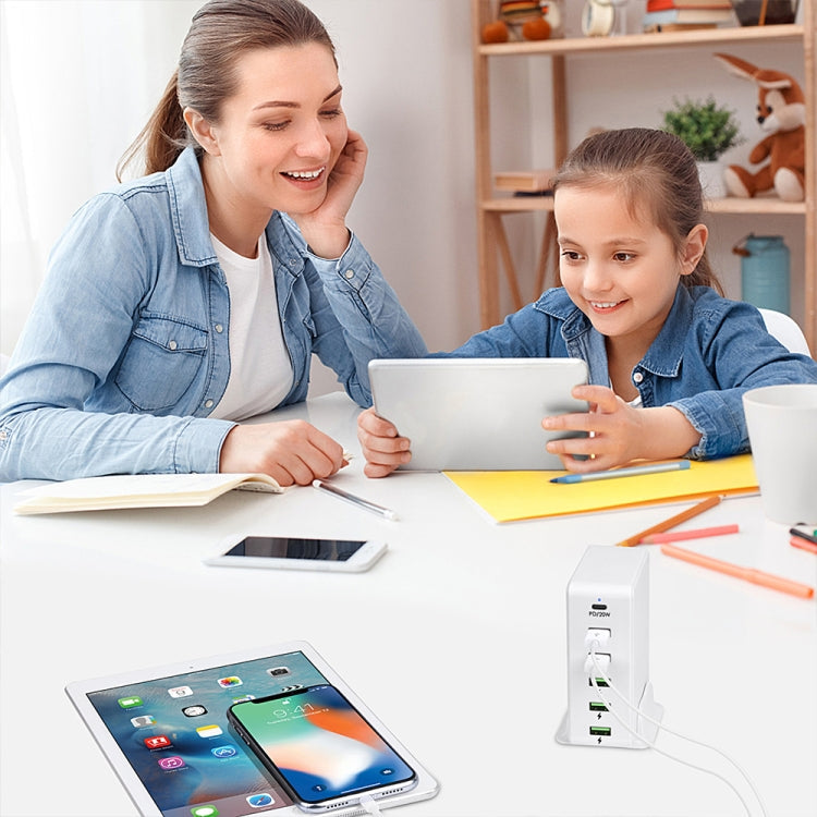 6 in 1 65W PD USB-C / Type-C + QC 3.0 USB + 4 USB Multi-port Travel Charger, US Plug(White) Eurekaonline