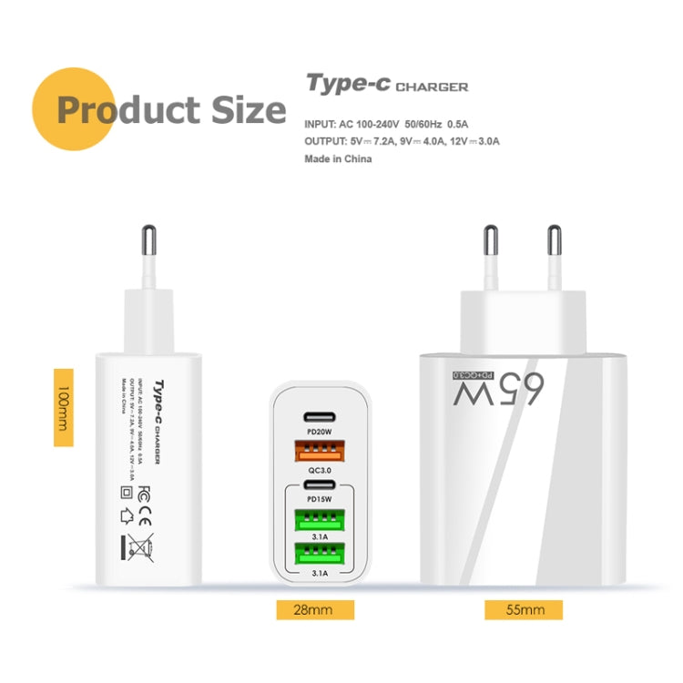 65W Dual PD Type-C + 3 x USB Multi Port Charger with 3A USB to Type-C Data Cable, EU Plug(Black) Eurekaonline