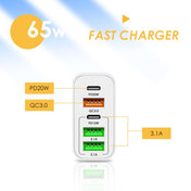 65W Dual PD Type-C + 3 x USB Multi Port Charger with 3A USB to Type-C Data Cable, EU Plug(Black) Eurekaonline