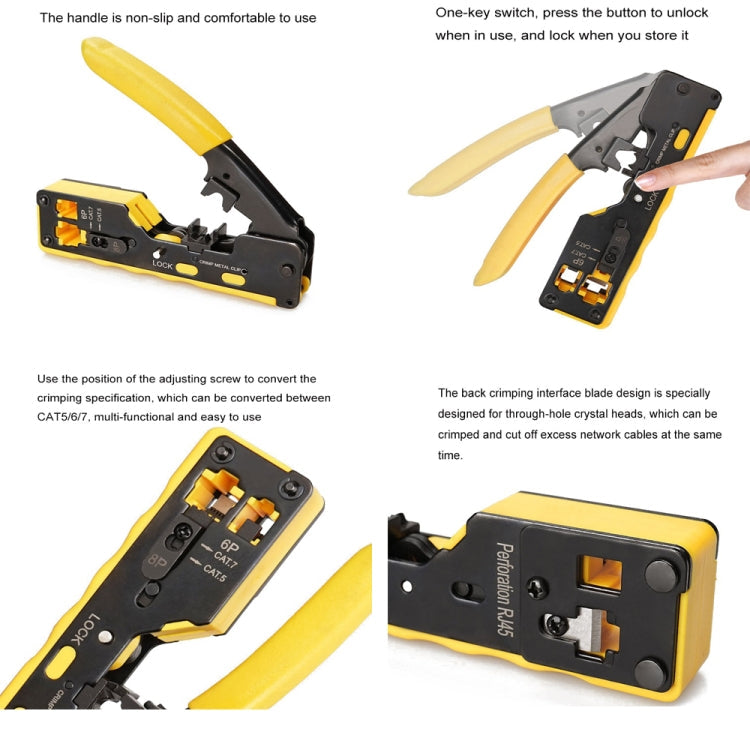 6P8P Seven-type Through-hole Crystal Head  Wire Stripping Tool Network Cable Pliers(Yellow) Eurekaonline
