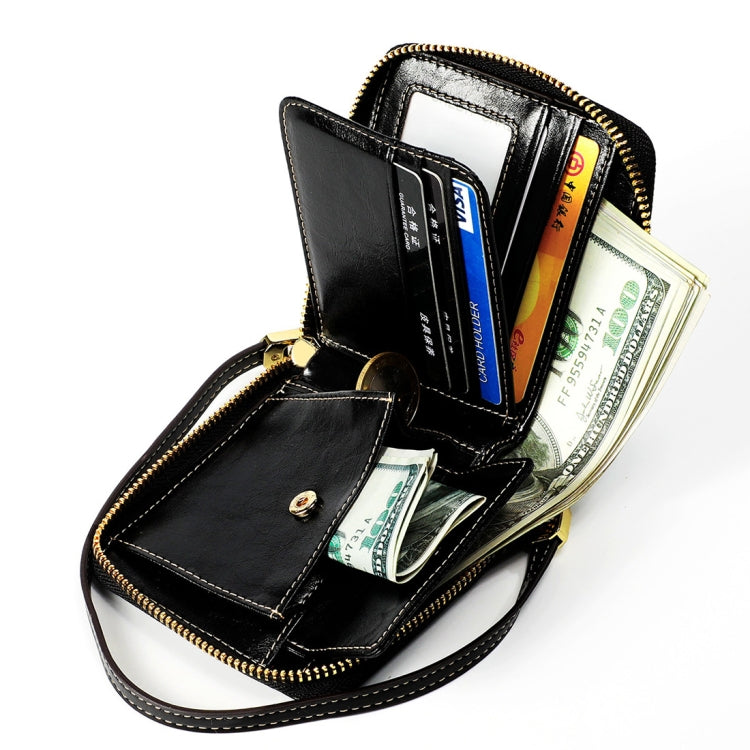 8251 Antimagnetic RFID Multi-function Oil Wax Leather Lady Zipper Wallet Purse with Lanyard(Black) Eurekaonline