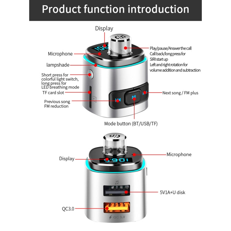 BC42 Bluetooth 5.0 Multi-function Car Colorful Atmosphere Lamp MP3 Player, Support TF Card & U Disk & FM Eurekaonline