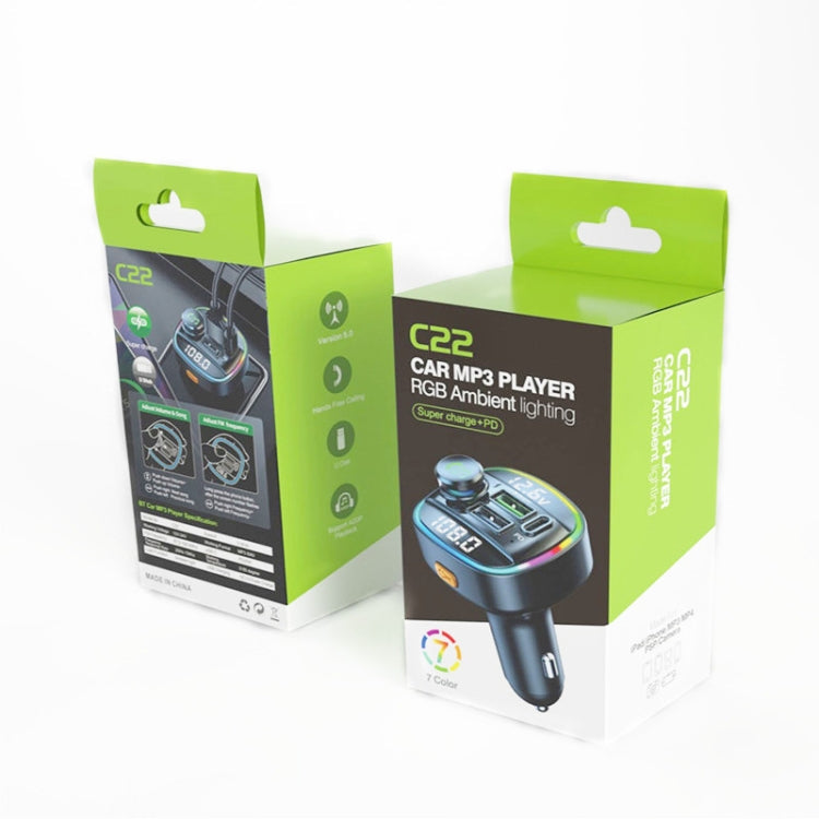 C22 Car Bluetooth 5.0 FM Transmitter LED Light Voltage Display QC 3.0 PD Charger Eurekaonline