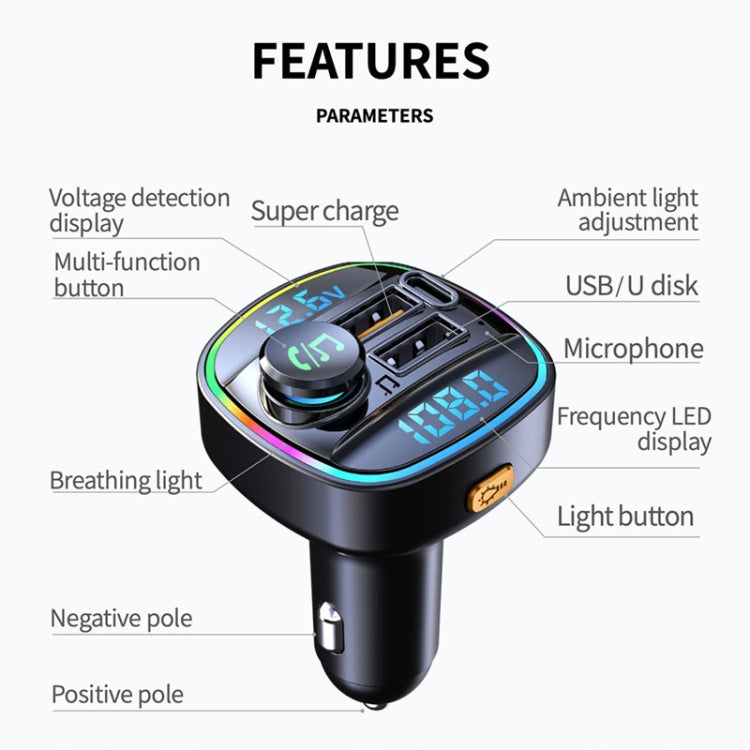 C22 Car Bluetooth 5.0 FM Transmitter LED Light Voltage Display QC 3.0 PD Charger Eurekaonline