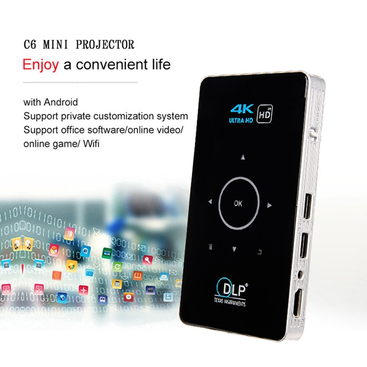 C6 2G+16G Android Smart DLP HD Projector Mini Wireless Projector， AU Plug (Black) Eurekaonline
