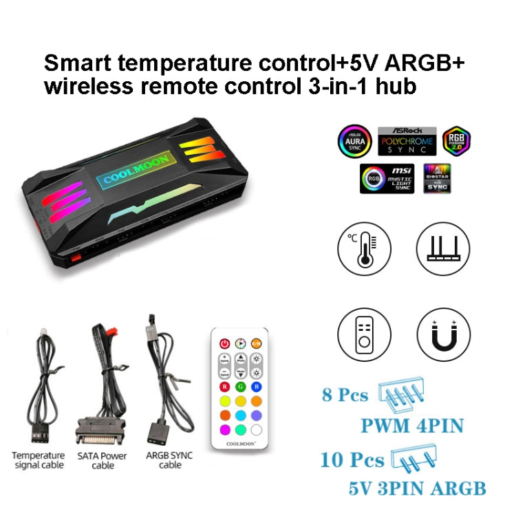 COOLMOON CM-MPAC PWM 5V ARGB Cooling Fan Remote Control For PC Case Chassis, Style: 3 in 1 Controller (Black) Eurekaonline