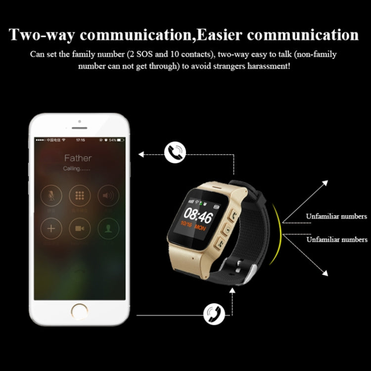 D99+ 1.22 inch HD LCD Screen GPS Smartwatch for the Elder Waterproof, Support GPS + LBS + WiFi Positioning / Two-way Dialing / Voice Monitoring / One-key First-aid / Wrist off Alarm / Safety Fence (Champagne Gold) Eurekaonline