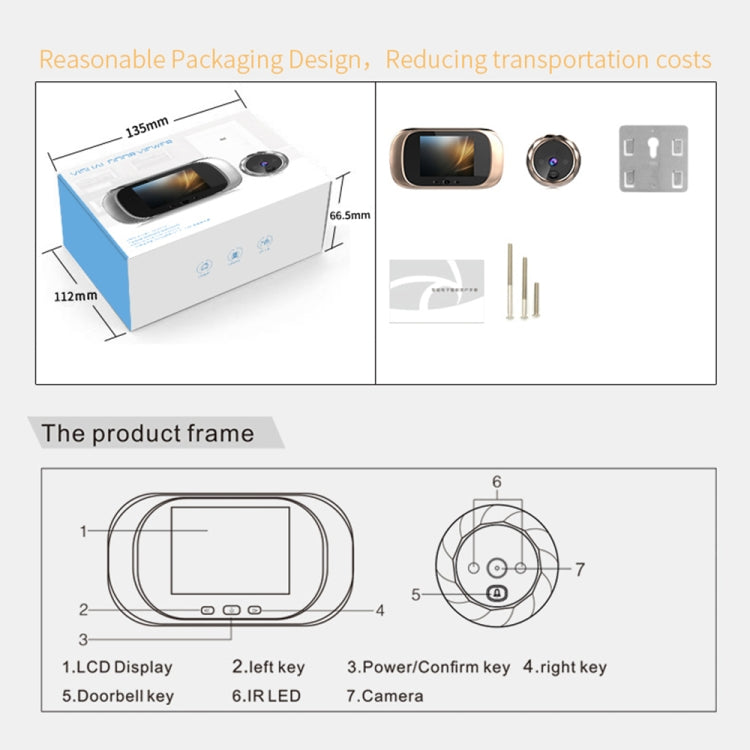 DD1 Smart Electronic Cat Eye Camera Doorbell with 2.8 inch LCD Screen, Support Infrared Night Vision(Gold) Eurekaonline