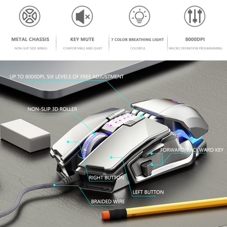 Dark Alien V710 7 Keys Metal Office Wired Glowing Mouse, Cable Length: 1.78m(Black) Eurekaonline