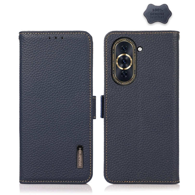 For Huawei Nova 10 KHAZNEH Side-Magnetic Litchi Genuine Leather RFID Phone Case(Blue) Eurekaonline