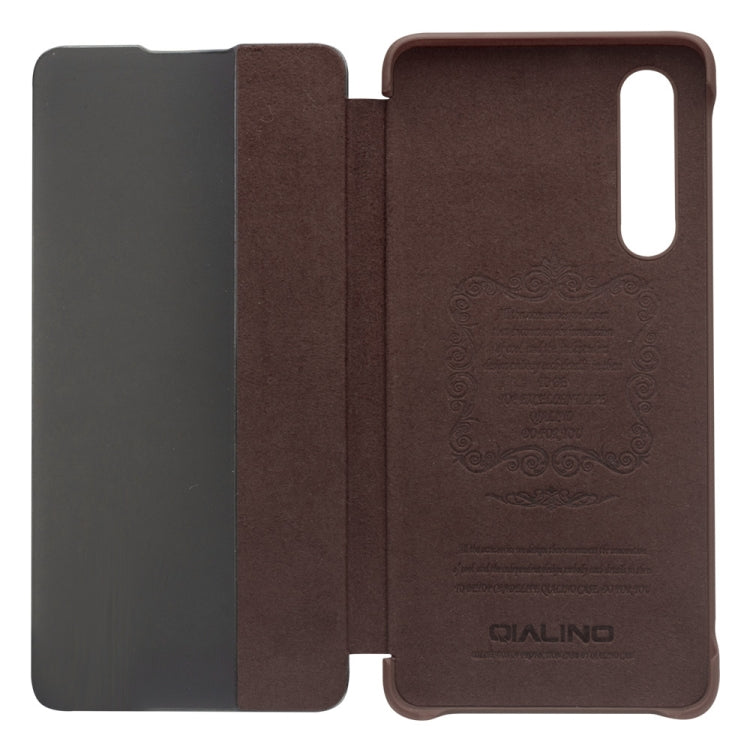 For Huawei P30 QIALINO Genuine Leather Side Window View Smart Phone Case(Brown) Eurekaonline