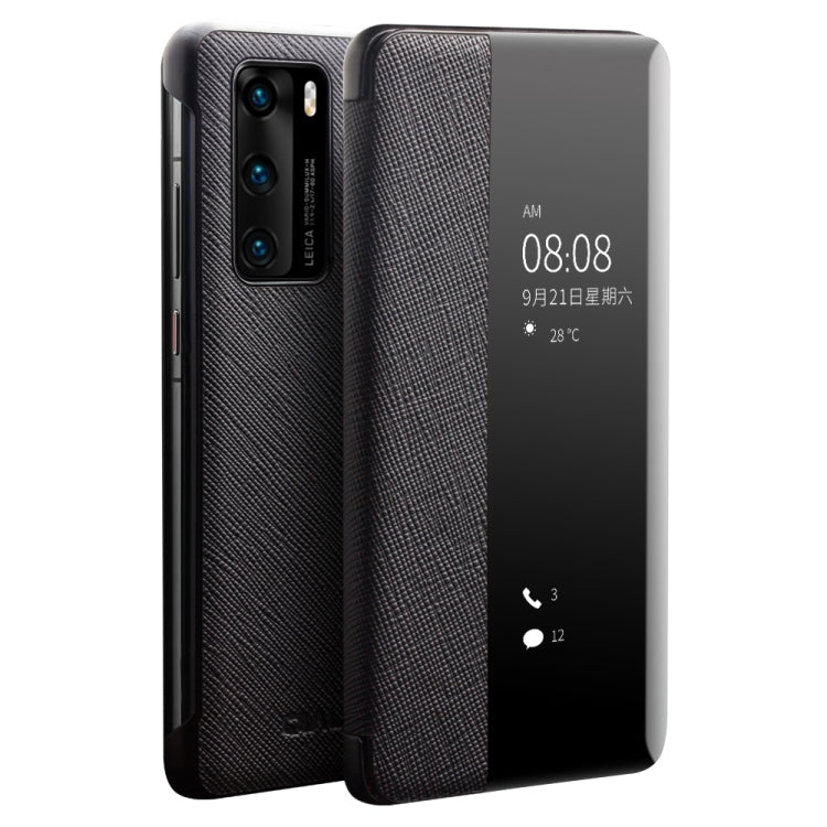 For Huawei P40 QIALINO Puda Texture Side Window View Leather Phone Case(Black) Eurekaonline