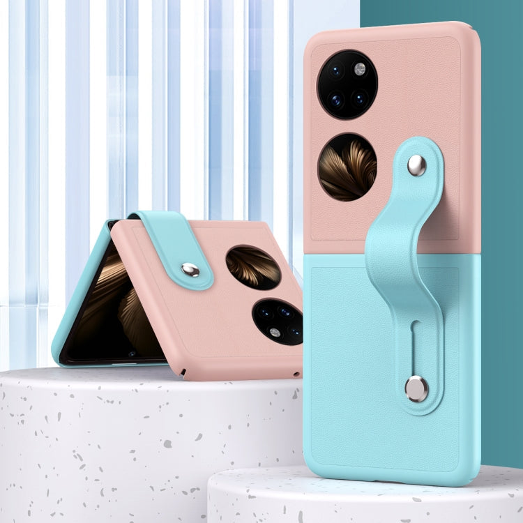 For Huawei P50 Pocket Skin Contrast Wristband Holder Folding Phone Case(Ice Blue + Dark Blue) Eurekaonline