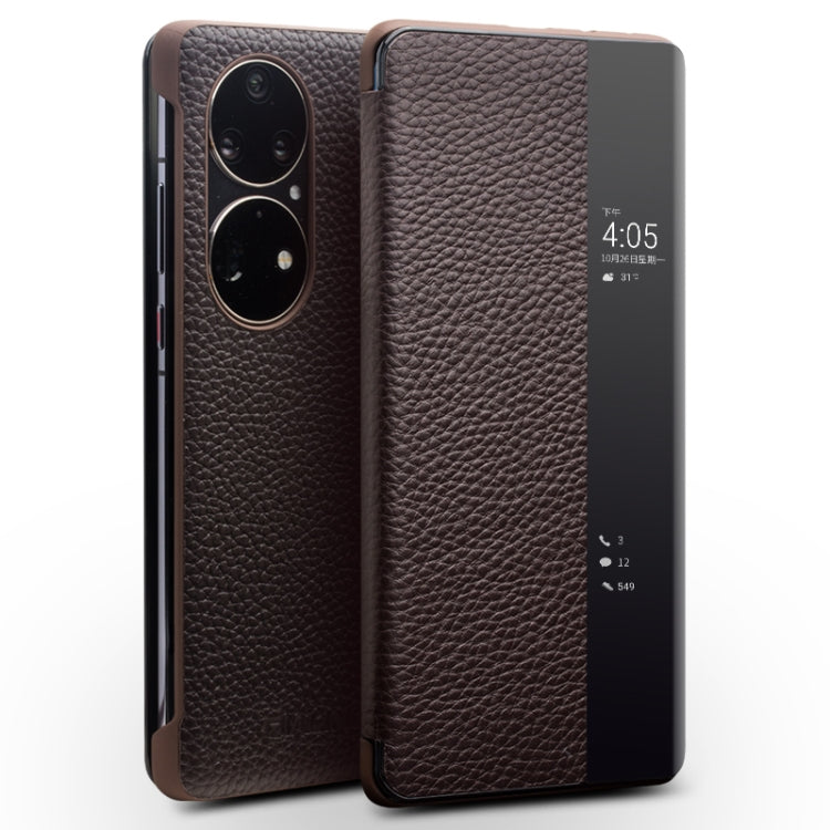 For Huawei P50 Pro QIALINO Genuine Leather Side Window View Smart Phone Case(Brown) Eurekaonline