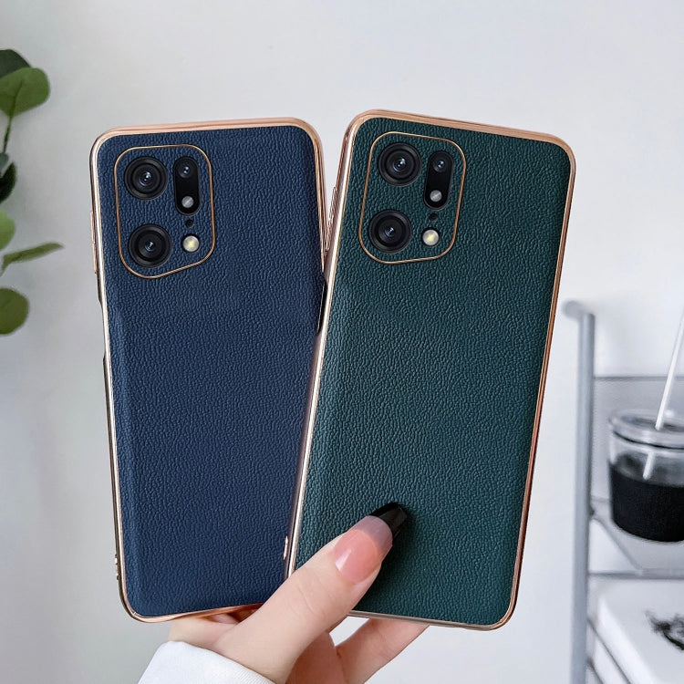 For OPPO Find X5 Pro Genuine Leather Luolai Series Nano Plating Phone Case(Dark Blue) Eurekaonline