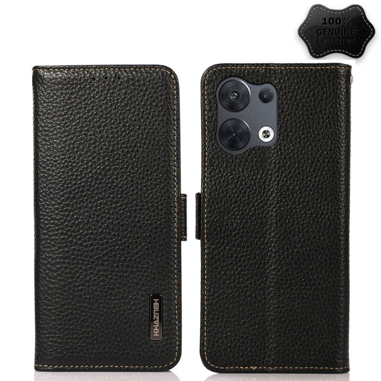 For OPPO Reno8 5G KHAZNEH Side-Magnetic Litchi Genuine Leather RFID Phone Case(Black) Eurekaonline