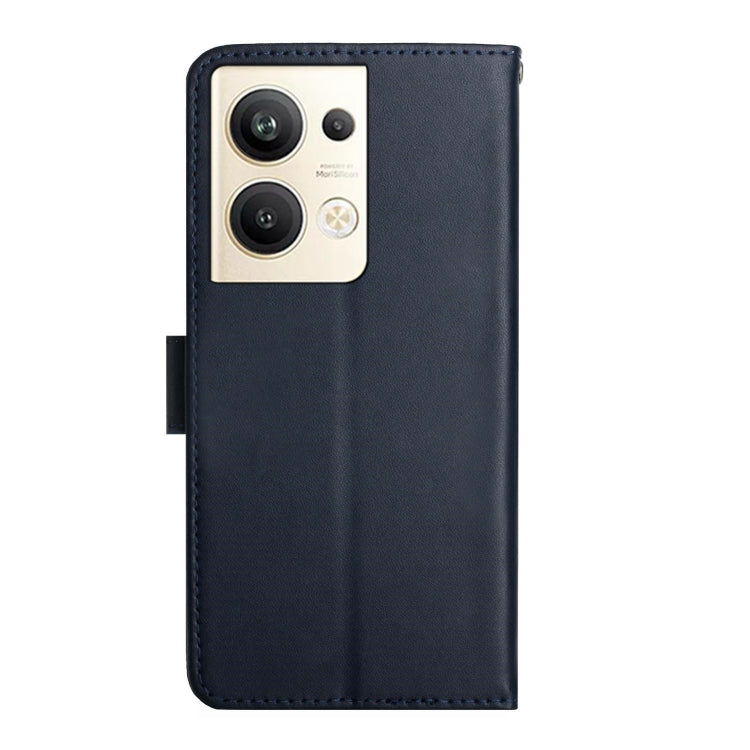 For OPPO Reno9 Pro+ HT02 Genuine Leather Fingerprint-proof Flip Phone Case(Blue) Eurekaonline
