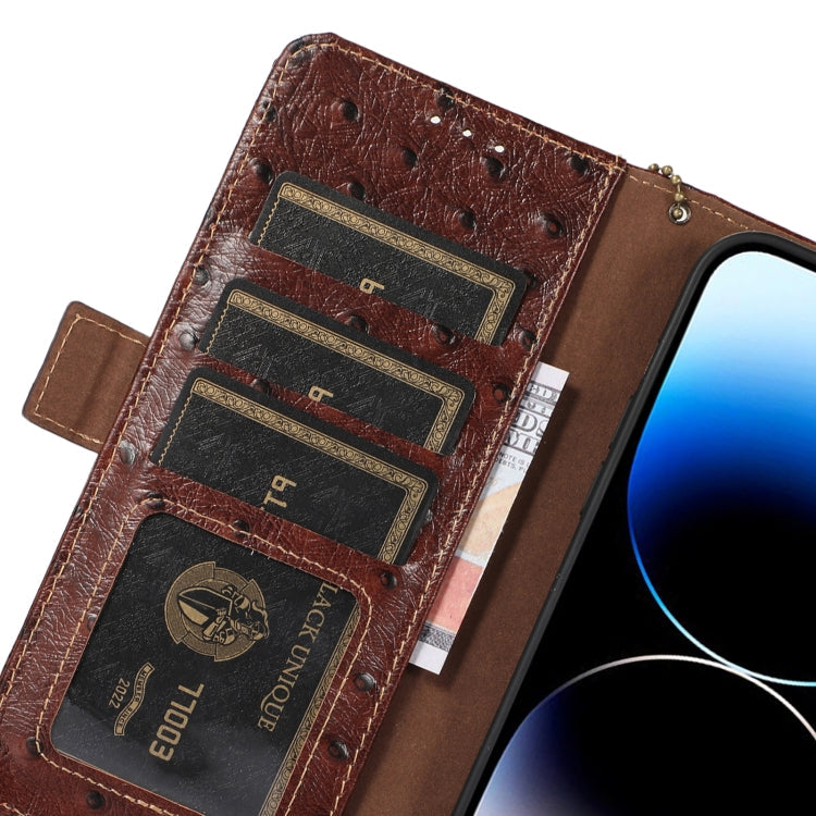 For OPPO Reno9 Pro+ Ostrich Pattern Genuine Leather RFID Phone Case(Coffee) Eurekaonline
