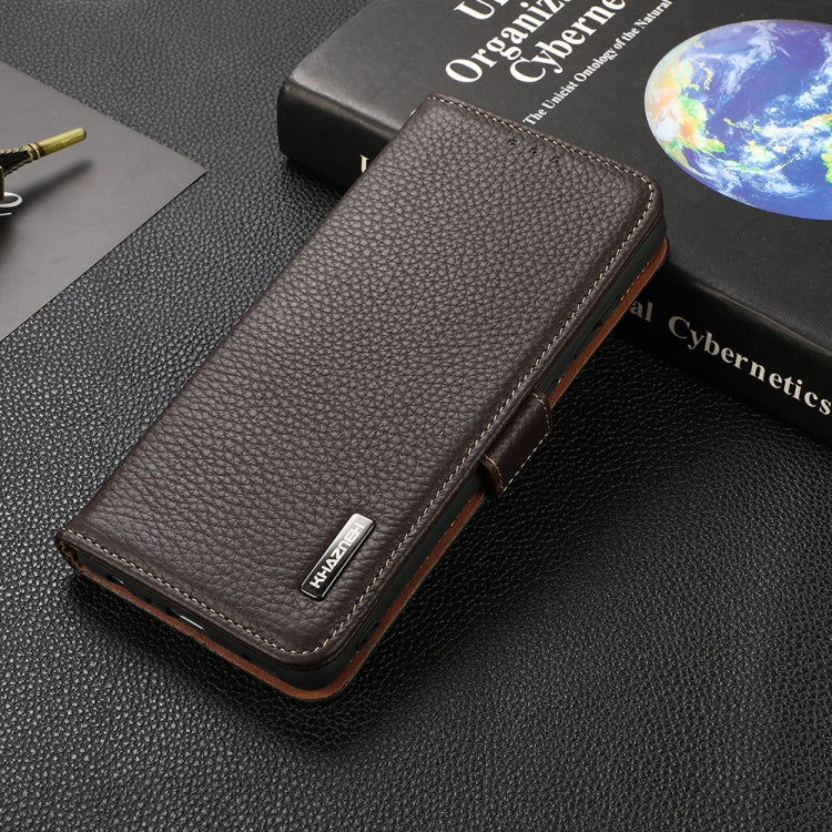 For OnePlus 9 KHAZNEH Side-Magnetic Litchi Genuine Leather RFID Phone Case(Brown) Eurekaonline