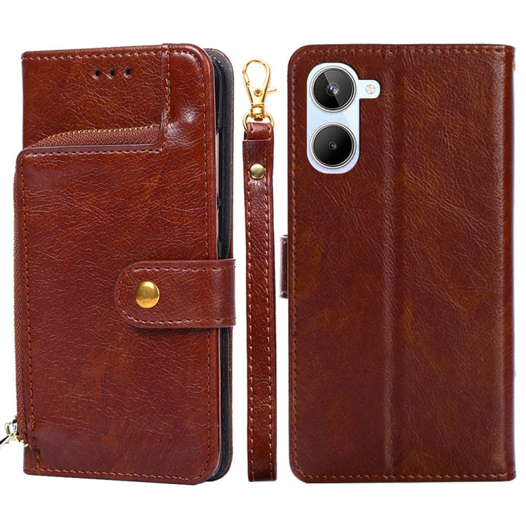 For Realme 10 4G Zipper Bag Leather Phone Case(Brown) Eurekaonline