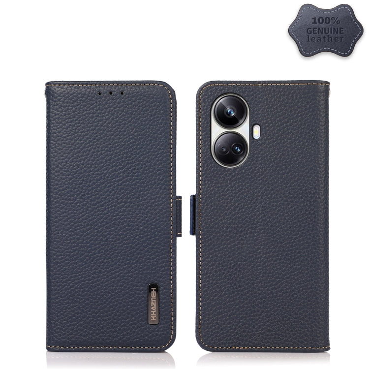 For Realme 10 Pro+ KHAZNEH Side-Magnetic Litchi Genuine Leather RFID Phone Case(Blue) Eurekaonline