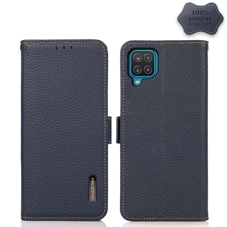 For Samsung Galaxy A42 5G KHAZNEH Side-Magnetic Litchi Genuine Leather RFID Phone Case(Blue) Eurekaonline