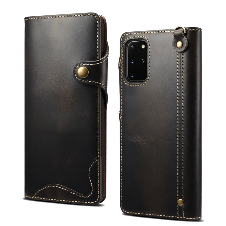 For Samsung Galaxy S20 Ultra Denior Oil Wax Cowhide Magnetic Button Genuine Leather Case(Black) Eurekaonline