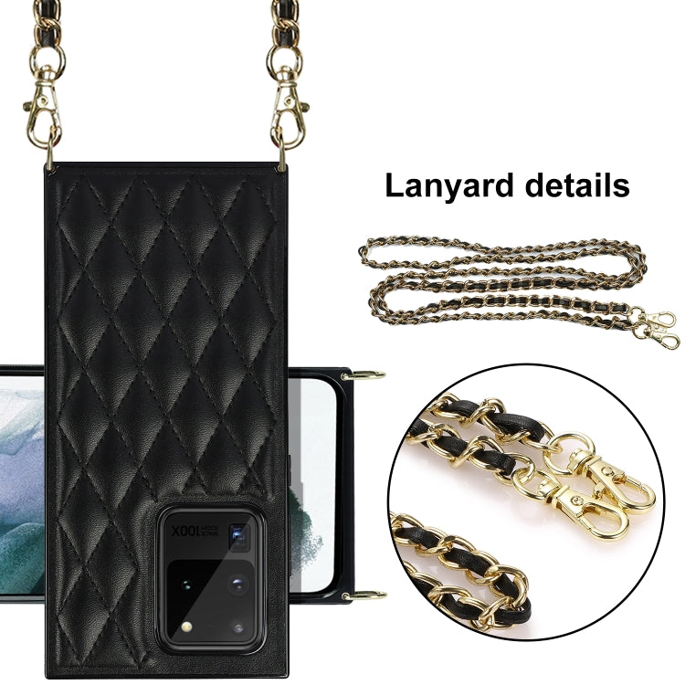 For Samsung Galaxy S20 Ultra Elegant Rhombic Pattern Microfiber Leather +TPU Shockproof Case with Crossbody Strap Chain(Black) Eurekaonline