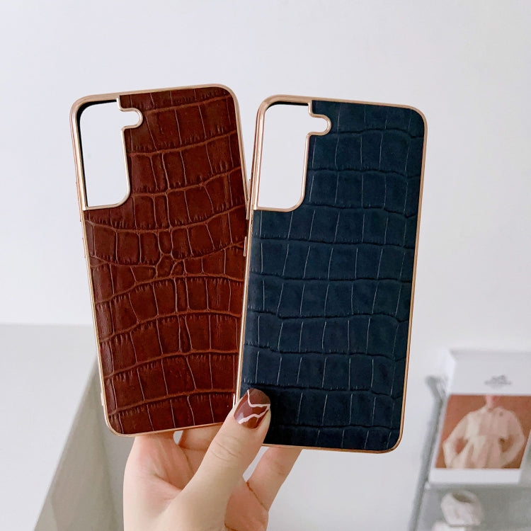 For Samsung Galaxy S21 5G Crocodile Texture Genuine Leather Electroplating Phone Case(Brown) Eurekaonline