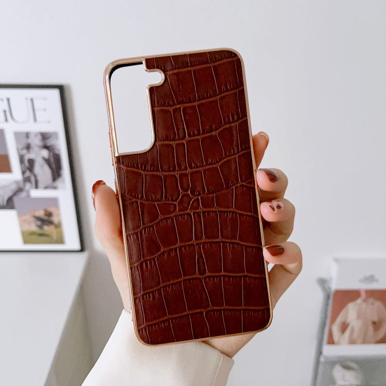 For Samsung Galaxy S21 5G Crocodile Texture Genuine Leather Electroplating Phone Case(Brown) Eurekaonline