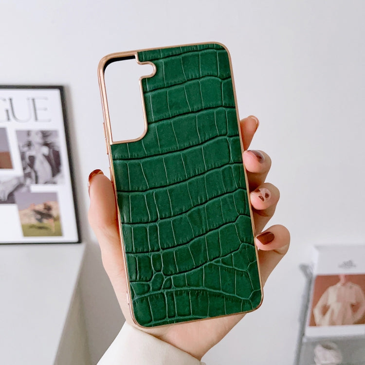 For Samsung Galaxy S21+ 5G Crocodile Texture Genuine Leather Electroplating Phone Case(Dark Green) Eurekaonline