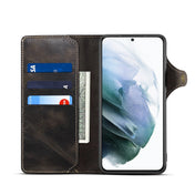 For Samsung Galaxy S21 5G Denior Oil Wax Cowhide Magnetic Button Genuine Leather Case(Black) Eurekaonline