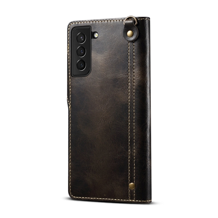 For Samsung Galaxy S21 5G Denior Oil Wax Cowhide Magnetic Button Genuine Leather Case(Black) Eurekaonline