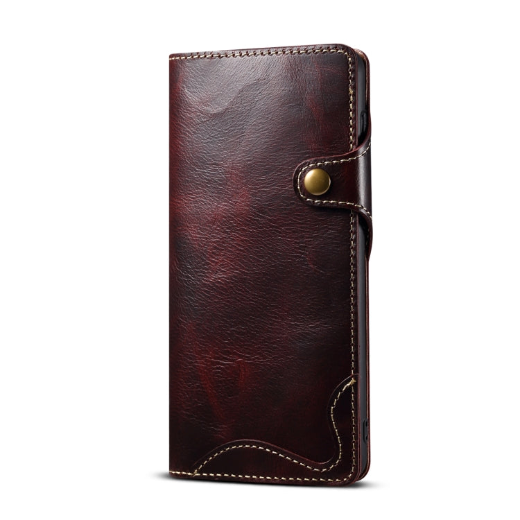 For Samsung Galaxy S21+ 5G Denior Oil Wax Cowhide Magnetic Button Genuine Leather Case(Dark Red) Eurekaonline