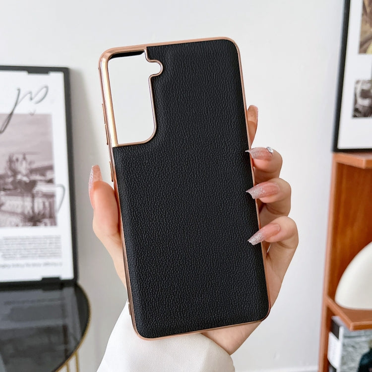 For Samsung Galaxy S21 5G Genuine Leather Luolai Series Nano Electroplating Phone Case(Black) Eurekaonline