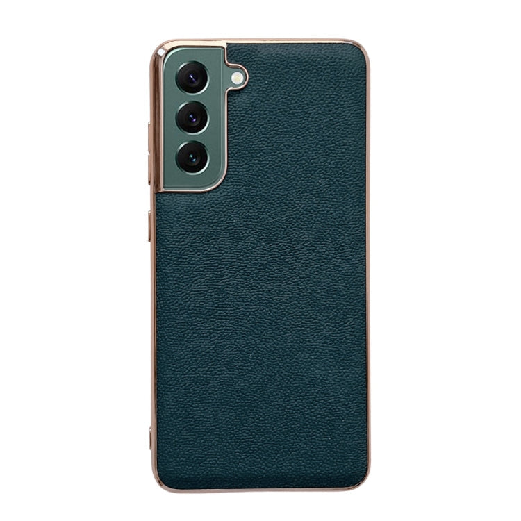 For Samsung Galaxy S21 5G Genuine Leather Luolai Series Nano Electroplating Phone Case(Dark Green) Eurekaonline