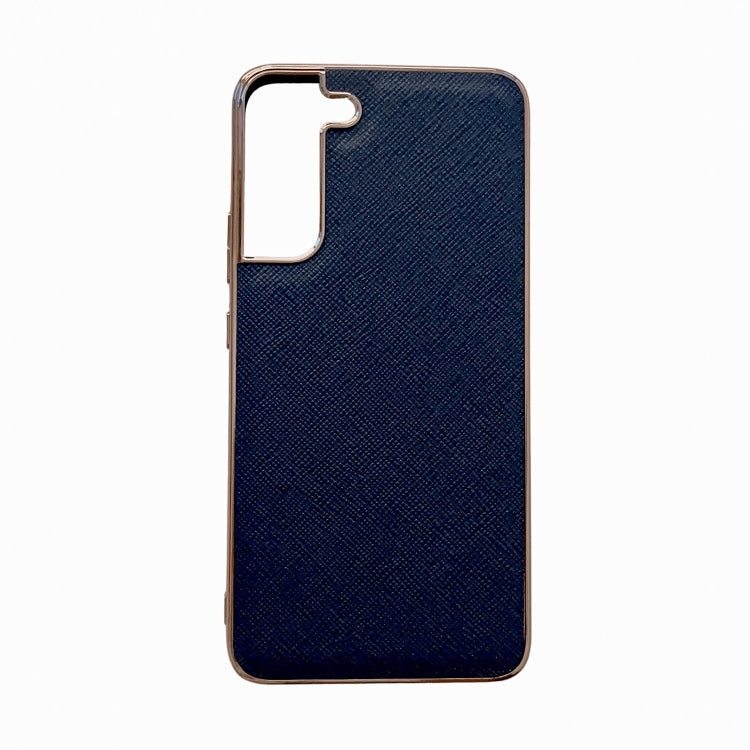 For Samsung Galaxy S21 5G Nano Electroplating Cross Texture Genuine Leather Phone Case(Blue) Eurekaonline