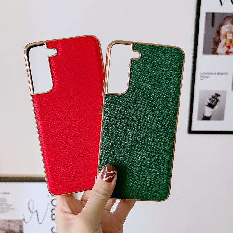 For Samsung Galaxy S21 5G Nano Electroplating Cross Texture Genuine Leather Phone Case(Green) Eurekaonline