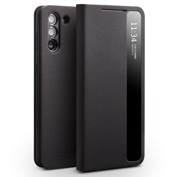 For Samsung Galaxy S21+ 5G QIALINO Genuine Leather Side Window View Smart Phone Case(Black) Eurekaonline