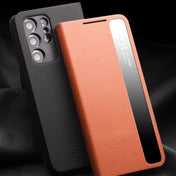 For Samsung Galaxy S21 5G QIALINO Genuine Leather Side Window View Smart Phone Case(Brown) Eurekaonline