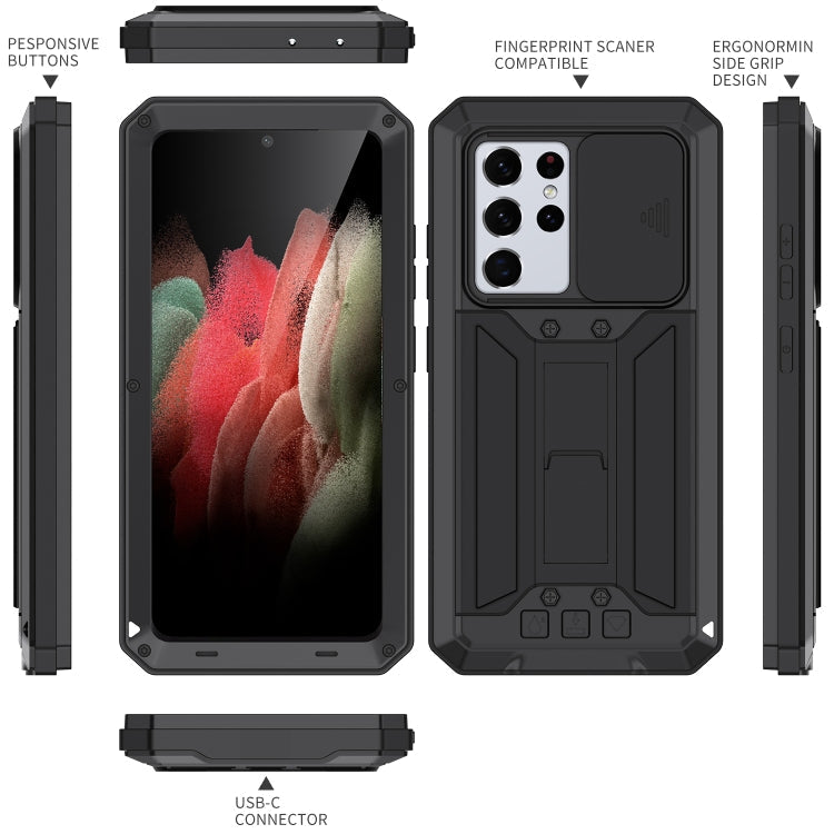 For Samsung Galaxy S21 Ultra 5G R-JUST Sliding Lens Cover Shockproof Dustproof Waterproof Metal + Silicone Case with Invisible Holder(Black) Eurekaonline