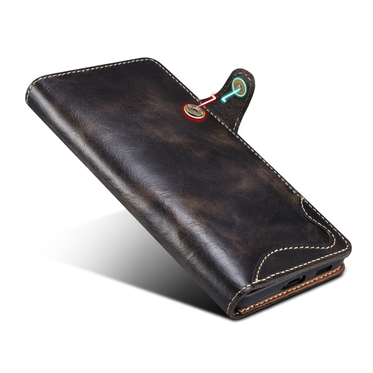 For Samsung Galaxy S22 5G Denior Oil Wax Cowhide Magnetic Button Genuine Leather Case(Black) Eurekaonline
