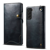 For Samsung Galaxy S22 5G Denior Oil Wax Cowhide Magnetic Button Genuine Leather Case(Dark Blue) Eurekaonline