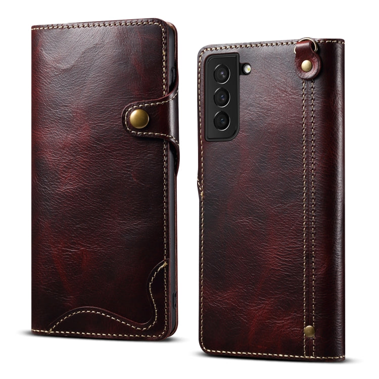 For Samsung Galaxy S22 5G Denior Oil Wax Cowhide Magnetic Button Genuine Leather Case(Dark Red) Eurekaonline